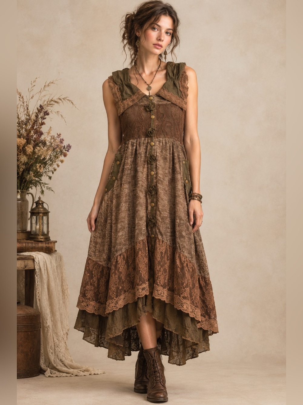 Pretty Angel Boho Chic Mixed-Media Sleeveless Brown Dress Mori Kei Fairy Grunge